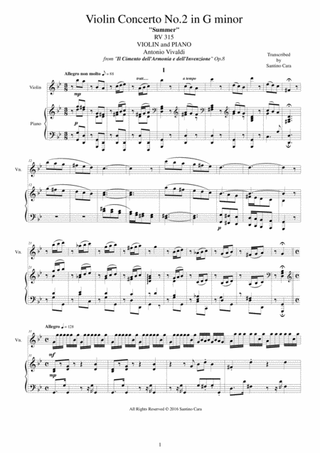 Free Sheet Music Vivaldi Concerto No 2 In G Minor Op 8 Summer Rv 315 For Violin And Piano