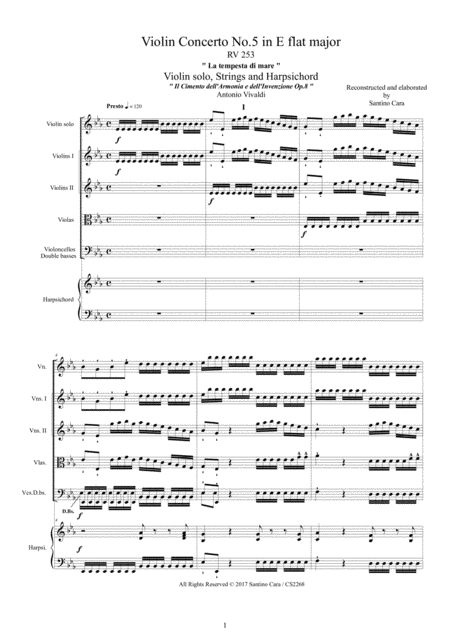 Free Sheet Music Vivaldi Concerto No 5 In E Flat La Tempesta Di Mare Rv 253 Op 8 For Violin Strings And Continuo