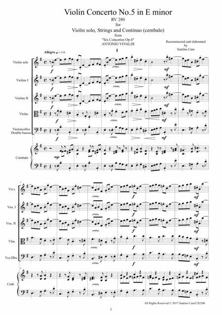 Vivaldi Concerto No 5 In E Minor Rv 280 Op 6 For Violin Strings And Continuo Sheet Music