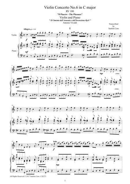 Vivaldi Concerto No 6 In C Major Il Piacere Rv 180 Op 8 For Violin And Piano Sheet Music