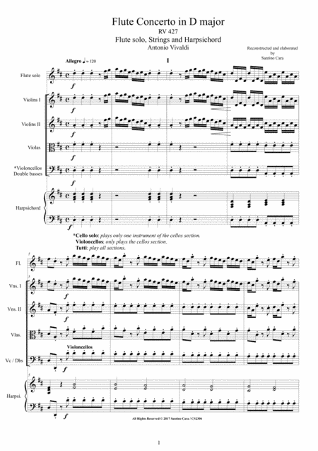 Vivaldi Flute Concerto In D Major Rv 427 For Flute Solo Strings And Harpsichord Sheet Music