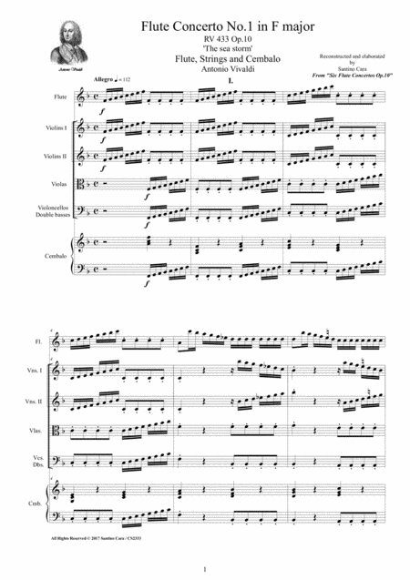 Vivaldi Flute Concerto No 1 In F Major Op 10 Rv 433 For Flute Strings And Cembalo Sheet Music