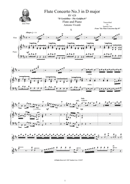 Vivaldi Flute Concerto No 3 In D Major Op 10 Il Cardellino Rv 428 For Flute And Piano Sheet Music