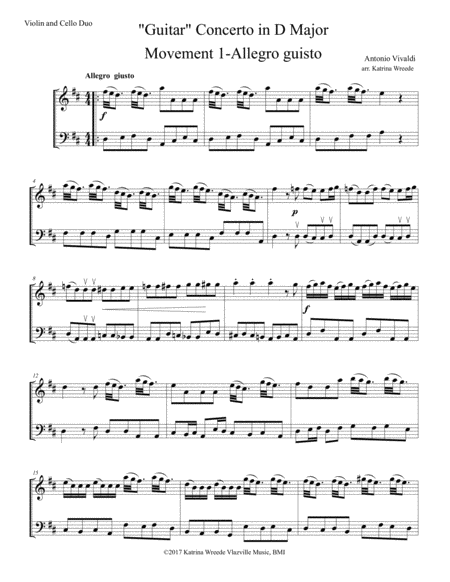 Free Sheet Music Vivaldi Guitar Concerto In D For Violin Cello Duo Mvt 1