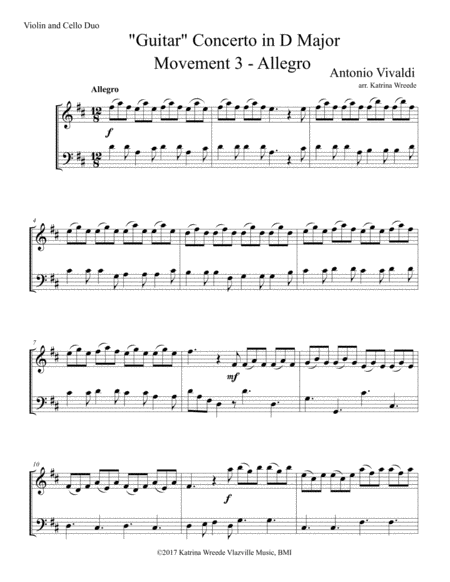 Vivaldi Guitar Concerto In D For Violin Cello Duo Mvt 3 Sheet Music