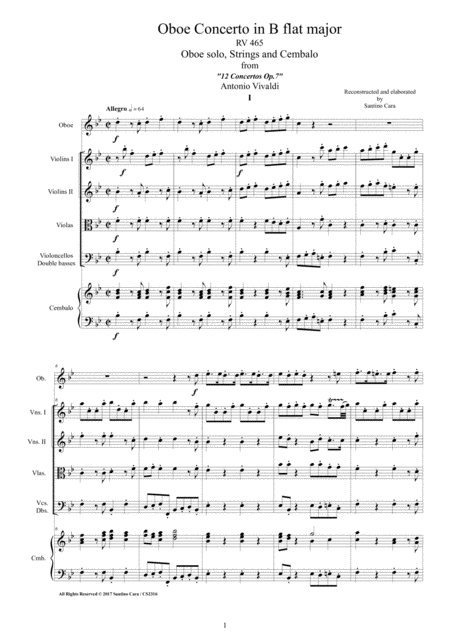 Vivaldi Oboe Concerto No 1 In B Flat Rv 465 Op 7 For Oboe Strings And Cembalo Sheet Music