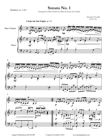 Vivaldi Sonata No 1 For Bass Clarinet Piano Sheet Music