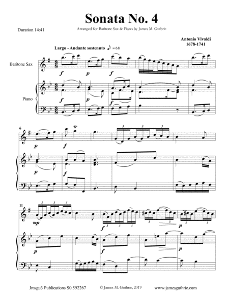 Vivaldi Sonata No 4 For Baritone Sax Piano Sheet Music