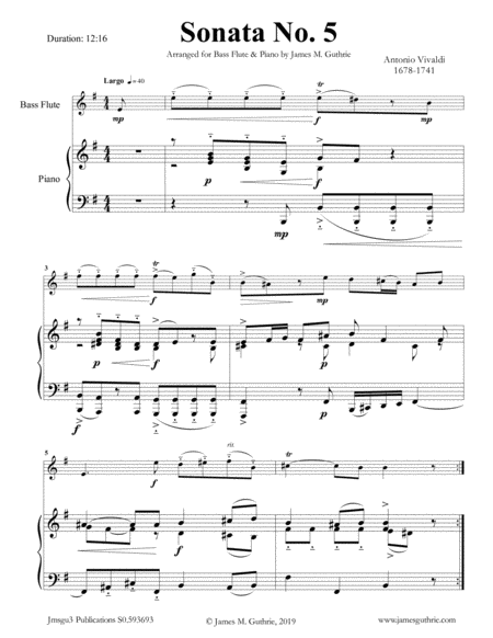 Vivaldi Sonata No 5 For Bass Flute Piano Sheet Music