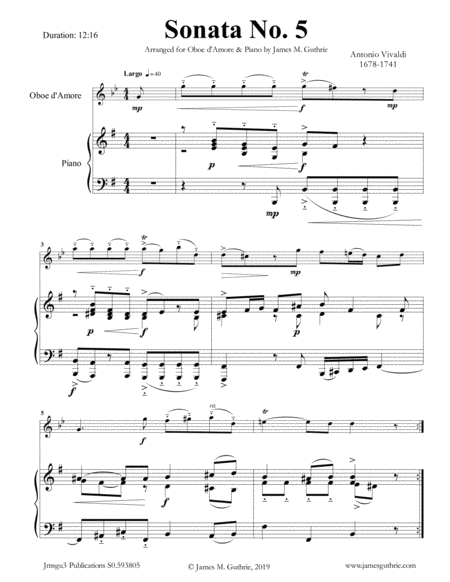 Vivaldi Sonata No 5 For Oboe D Amore Piano Sheet Music