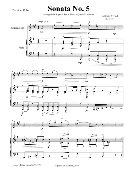 Vivaldi Sonata No 5 For Soprano Sax Piano Sheet Music