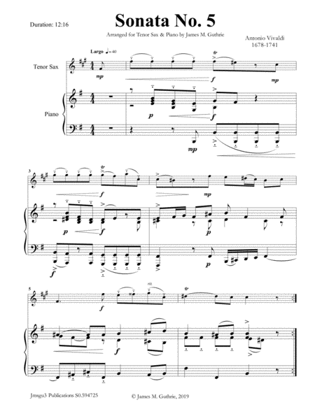 Free Sheet Music Vivaldi Sonata No 5 For Tenor Sax Piano