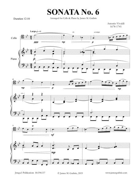 Free Sheet Music Vivaldi Sonata No 6 For Cello Piano
