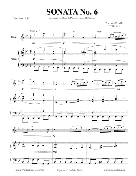 Free Sheet Music Vivaldi Sonata No 6 For Harp Piano