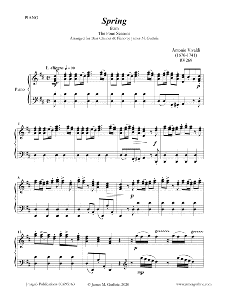 Free Sheet Music Vivaldi Spring From The Four Seasons For Bass Clarinet Piano