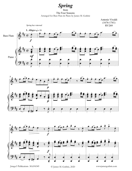 Vivaldi Spring From The Four Seasons For Bass Flute Piano Sheet Music