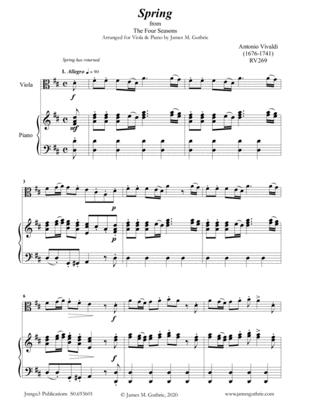 Free Sheet Music Vivaldi Spring From The Four Seasons For Viola Piano