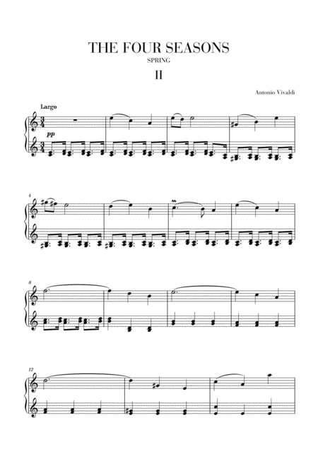 Vivaldi The Four Seasons Spring 2nd Mov Intermediate Piano Sheet Music