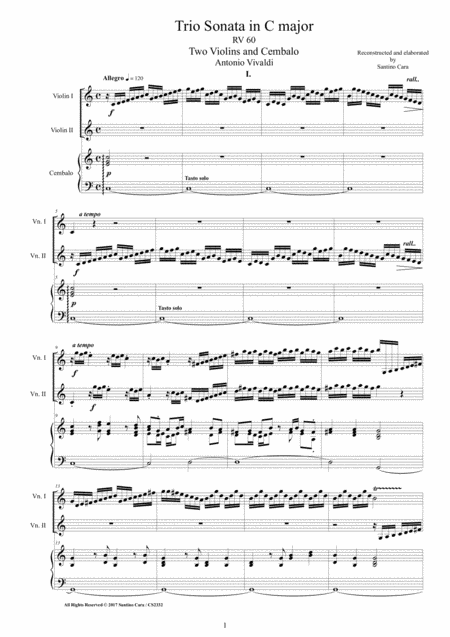 Vivaldi Trio Sonata In C Major Rv 60 For Two Violins And Cembalo Sheet Music