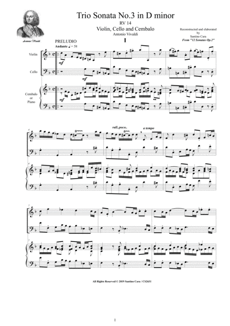 Free Sheet Music Vivaldi Trio Sonata No 3 In D Minor Rv 14 Op 2 For Violin Cello And Cembalo Or Piano