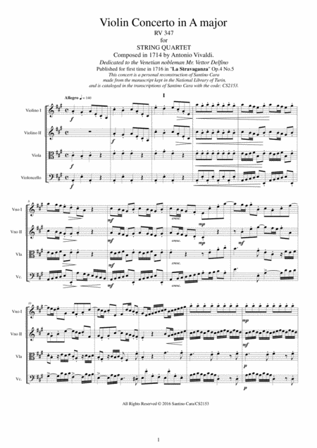 Vivaldi Violin Concerto In A Major Rv 347 Op 4 No 5 For String Quartet Sheet Music