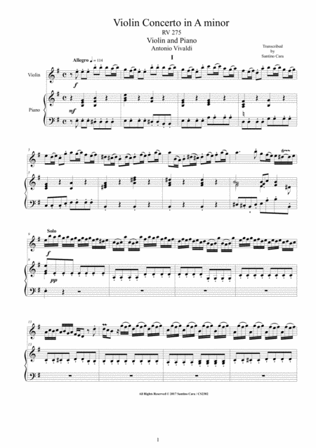 Vivaldi Violin Concerto In E Minor Rv 275 For Violin And Piano Sheet Music