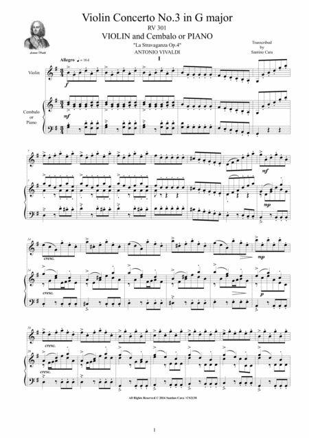 Vivaldi Violin Concerto In G Major Rv 301 Op 4 No 3 For Violin And Piano Sheet Music