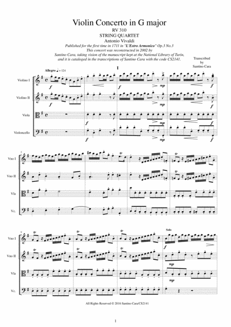 Free Sheet Music Vivaldi Violin Concerto In G Major Rv 310 Op 3 No 3 For String Quartet