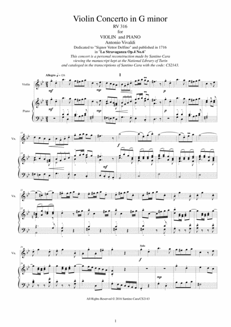 Vivaldi Violin Concerto In G Minor Rv 316 Op 4 No 6 For Violin And Piano Sheet Music