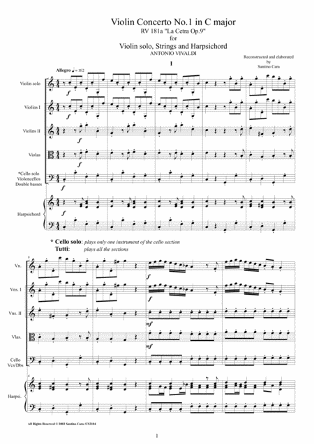 Vivaldi Violin Concerto No 1 In C Major Rv181 Op 9 For Violin Strings And Harpsichord Sheet Music