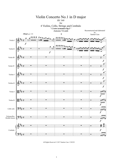 Vivaldi Violin Concerto No 1 In D Major Rv 549 Op 3 For 4 Violins Cello Strings And Cembalo Sheet Music