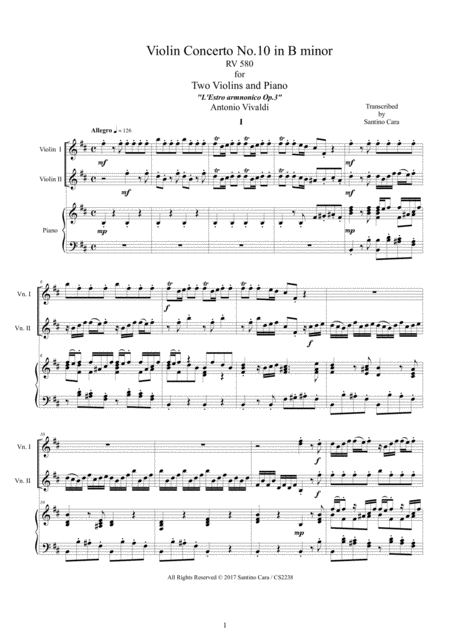 Vivaldi Violin Concerto No 10 In B Minor Rv 580 Op 3 For Two Violins And Piano Sheet Music