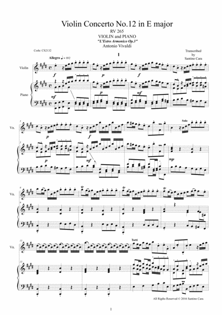 Free Sheet Music Vivaldi Violin Concerto No 12 In E Major Rv 265 Op 3 For Violin And Piano