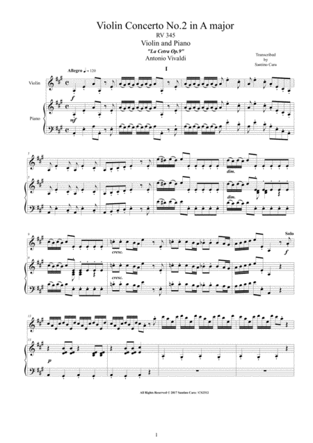 Free Sheet Music Vivaldi Violin Concerto No 2 In A Major Rv 345 For Violin And Piano