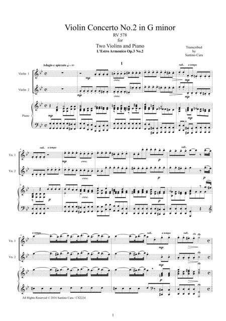 Vivaldi Violin Concerto No 2 In G Minor Rv 578 Op 3 For Two Violins And Piano Sheet Music