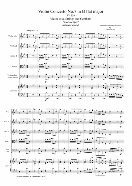 Free Sheet Music Vivaldi Violin Concerto No 7 In B Flat Rv 359 Op 9 For Violin Strings And Cembalo