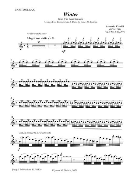 Vivaldi Winter From The Four Seasons For Baritone Sax Piano Sheet Music