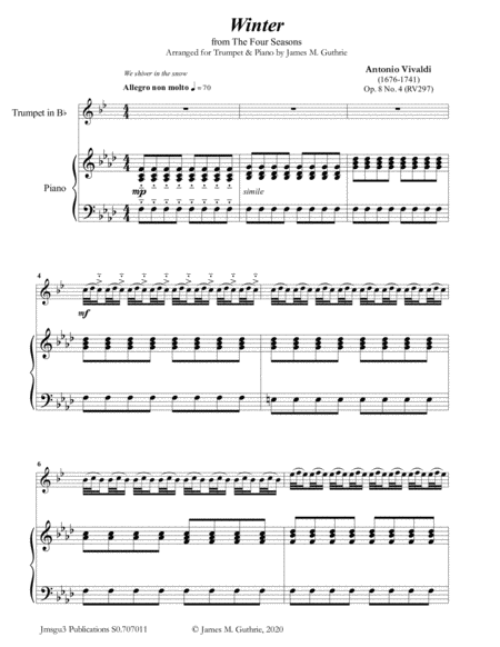 Free Sheet Music Vivaldi Winter From The Four Seasons For Trumpet Piano