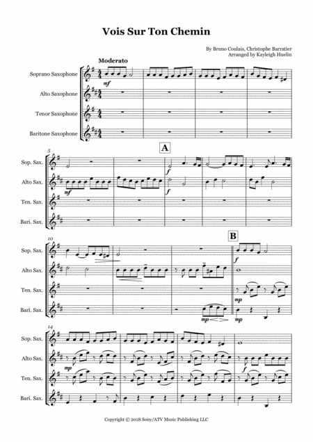 Vois Sur Ton Chemin From Les Choristes Saxophone Quartet Satb Sheet Music