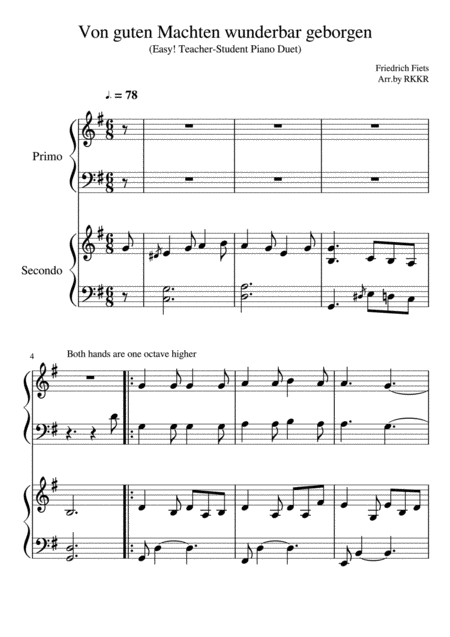 Free Sheet Music Von Guten Machten Wunderbar Geborgen Easy Student Teacher Piano Duet