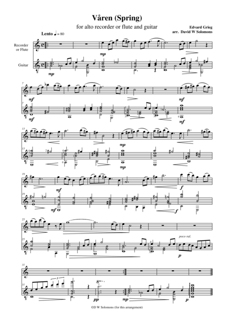 Free Sheet Music Vren Spring For Flute Or Alto Recorder And Guitar