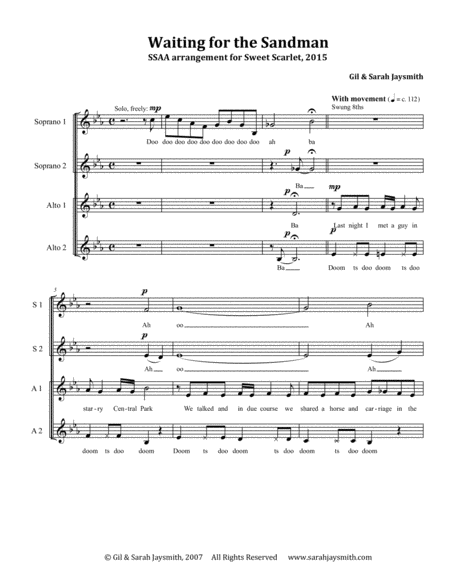 Free Sheet Music Waiting For The Sandman Ssaa A Cappella Original Jazz Song By Sarah And Gil Jaysmith