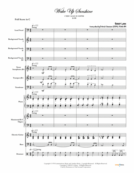 Wake Up Sunshine Chicago Full Score Set Of Parts Sheet Music