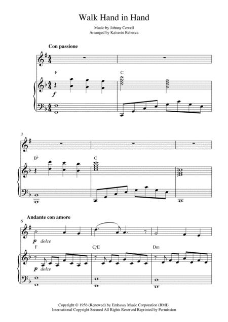 Walk Hand In Hand Clarinet In B Flat Solo And Piano Accompaniment With Chords Sheet Music