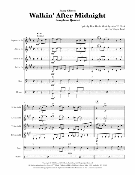 Walkin After Midnight Saxophone Quartet Sheet Music