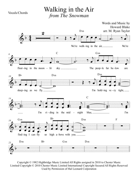 Walking In The Air From The Snowman For 2 Part Choir Opt Unison And Handbells 3 Octave Choral Part W Chords Sheet Music