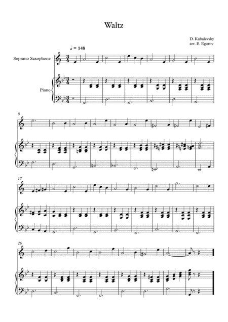 Free Sheet Music Waltz Dmitri Kabalevsky For Soprano Saxophone Piano