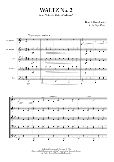Free Sheet Music Waltz No 2 For Brass Quintet
