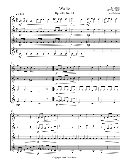 Free Sheet Music Waltz Op 241 No 44 Guitar Quartet Score And Parts