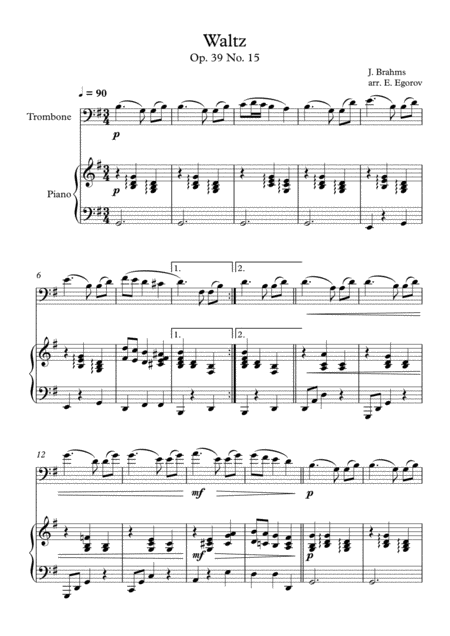 Waltz Op 39 No 15 Johannes Brahms For Trombone Piano Sheet Music